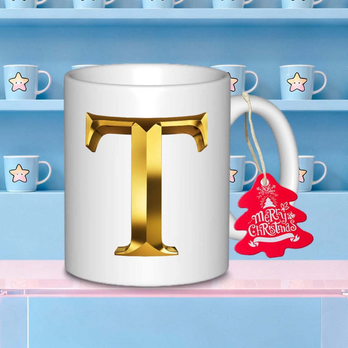 Tailorly White Ceramic 11 oz Mug - T Merry Christmas Elegant Golden Metallic Lettering Character With Glossy Polished Surface Letter