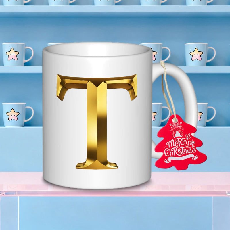 Tailorly White Ceramic 11 oz Mug - T Merry Christmas Elegant Golden Metallic Lettering Character With Glossy Polished Surface Letter