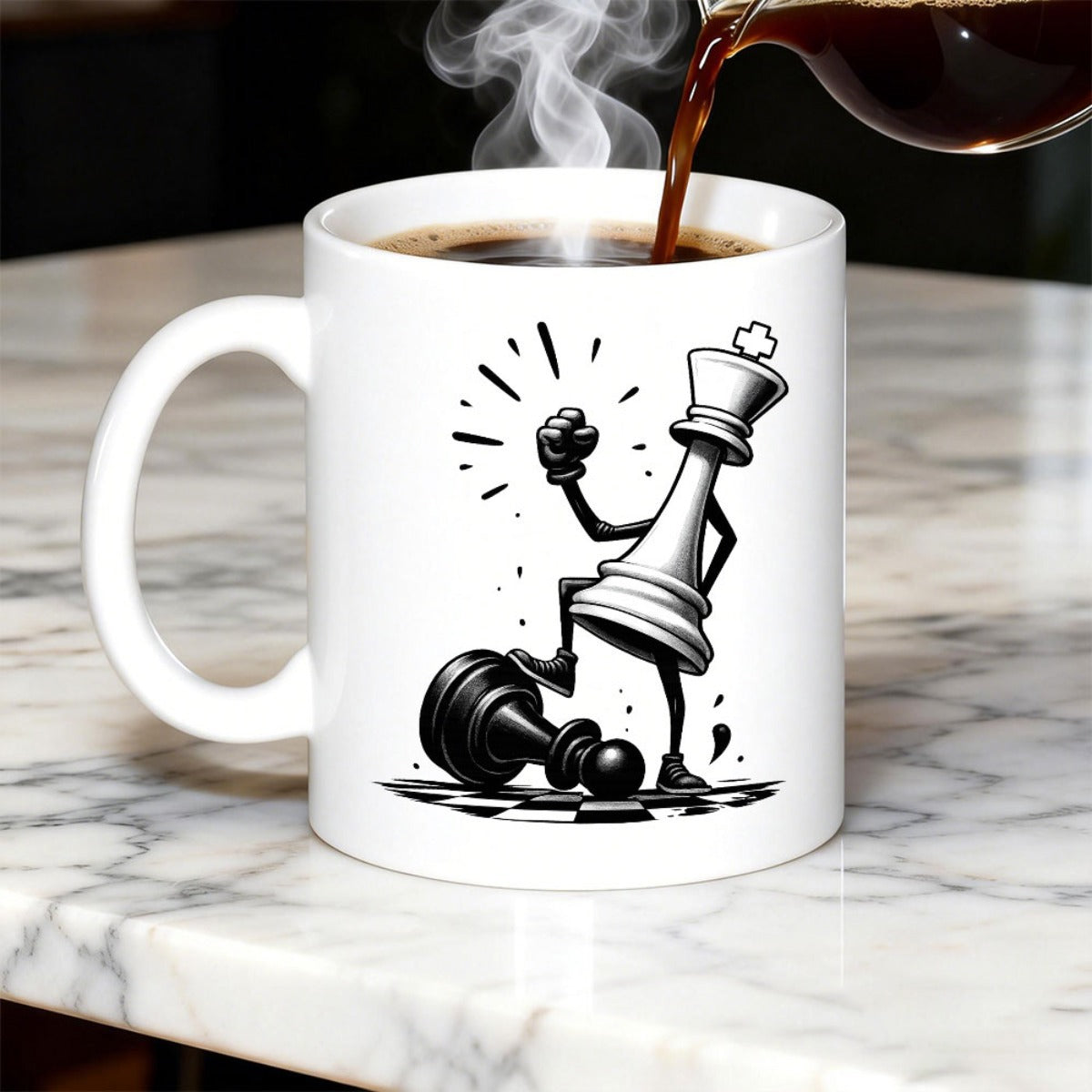 Tailorly White Ceramic 11 oz Mug - Triumphant Cartoon Chess Figure Standing Over Fallen Black Opponent Pawn King