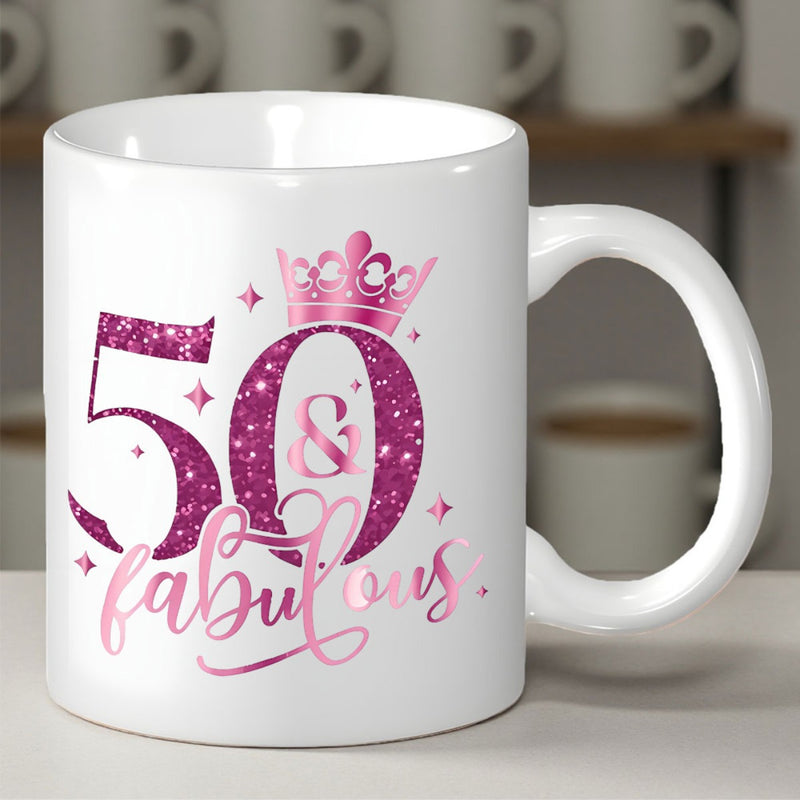 Tailorly White Ceramic 11 oz Mug - 50 Fabulous Elegant Sparkling Pink Glitter Numbers With A Royal Decorative Princess Crown