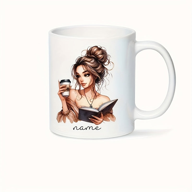 Tailorly White Ceramic 11 oz Mug - Name Elegant Lady With Messy Bun Holding Coffee Cup Reading Book Woman
