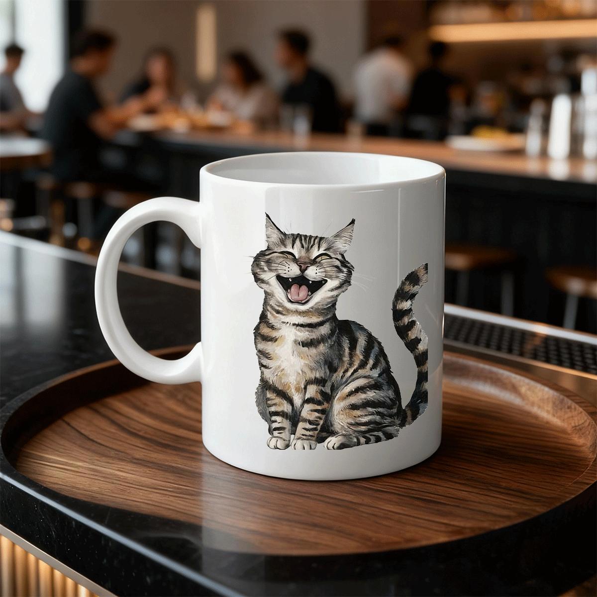 Tailorly White Ceramic 11 oz Mug - Adorable Tabby Feline Sitting With Wide Grateful Smile And Striped Tail Cat