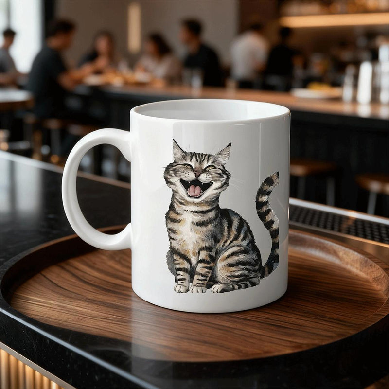 Tailorly White Ceramic 11 oz Mug - Adorable Tabby Feline Sitting With Wide Grateful Smile And Striped Tail Cat