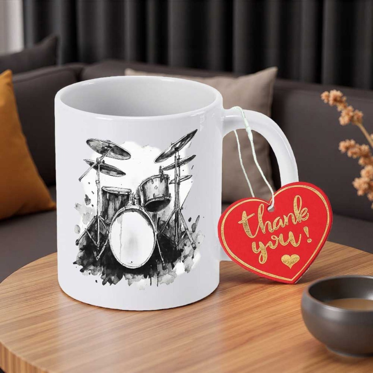 Tailorly White Ceramic 11 oz Mug - Thank You Artistic Black And White Sketch Style Musical Instrument Drum Kit