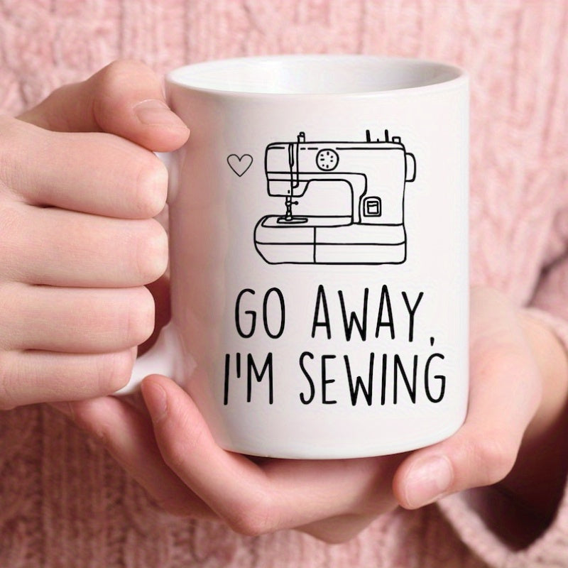 Tailorly White Ceramic 11 oz Mug - Go Away Im Sewing Minimalist Black Line Drawing Featuring Small Heart Above Simple Vintage Sewing Machine