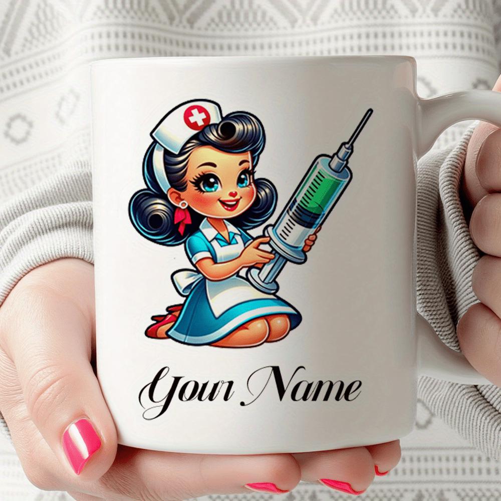 Tailorly White Ceramic 11 oz Mug - Your Name Cute Vintage Style Healthcare Professional Holding Large Syringe With Friendly Smile Nurse