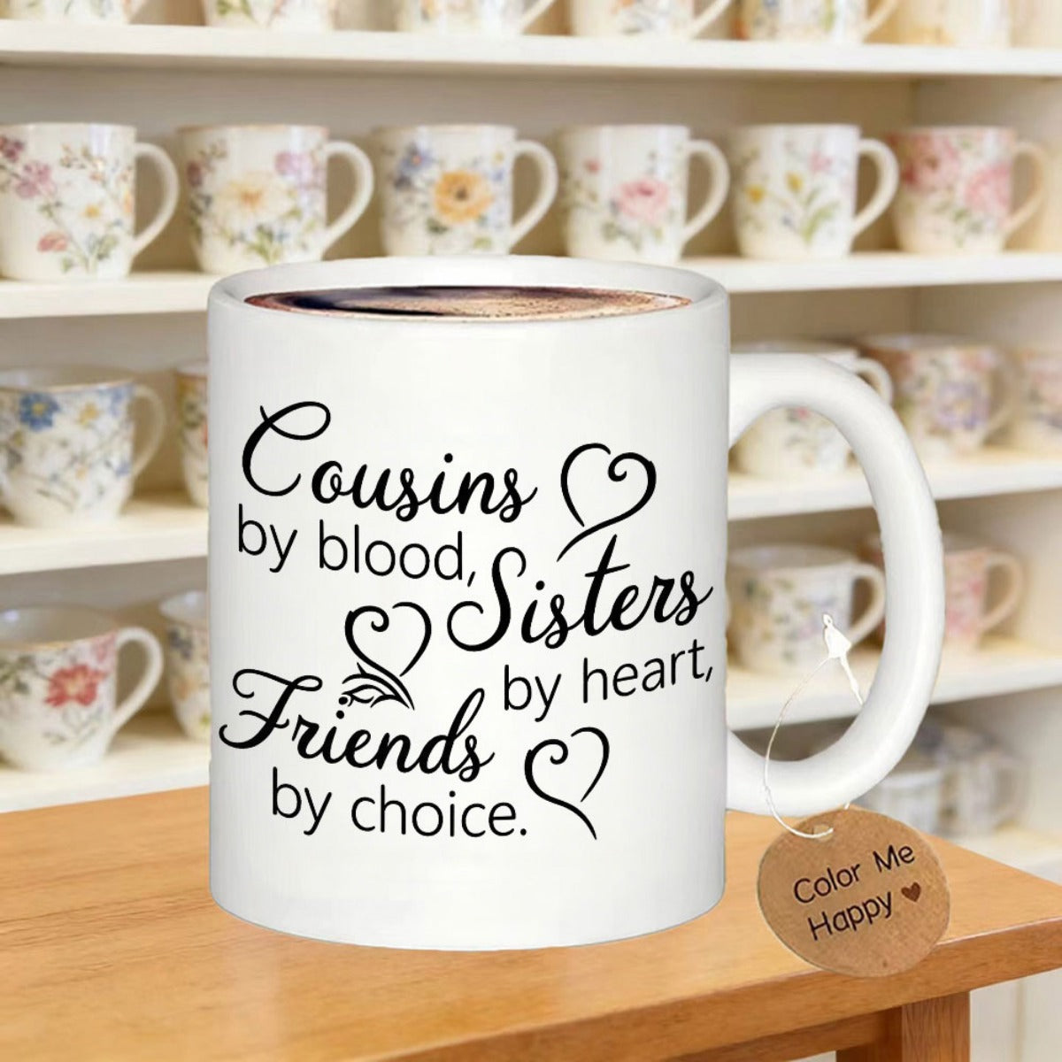 Tailorly White Ceramic 11 oz Mug - Cousins By Blood Sisters By Heart Friends By Choice Delicate Minimalist Outline Hearts Surrounded By Elegant Script Family