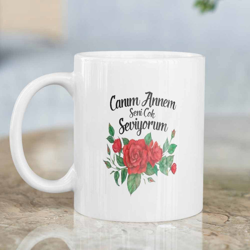 Tailorly White Ceramic 11 oz Mug - Vibrant Red Floral Bouquet Surrounded By Lush Green Leaves And Delicate Buds Rose