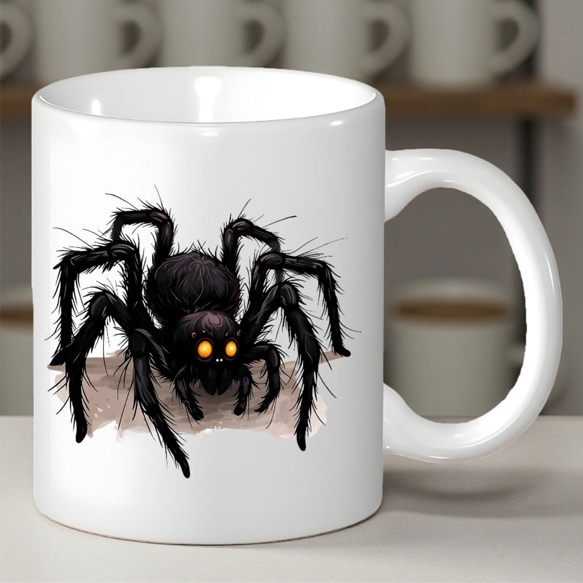 Tailorly White Ceramic 11 oz Mug - Spooky Hairy Black Arachnid With Glowing Yellow Eyes On Surface Spider