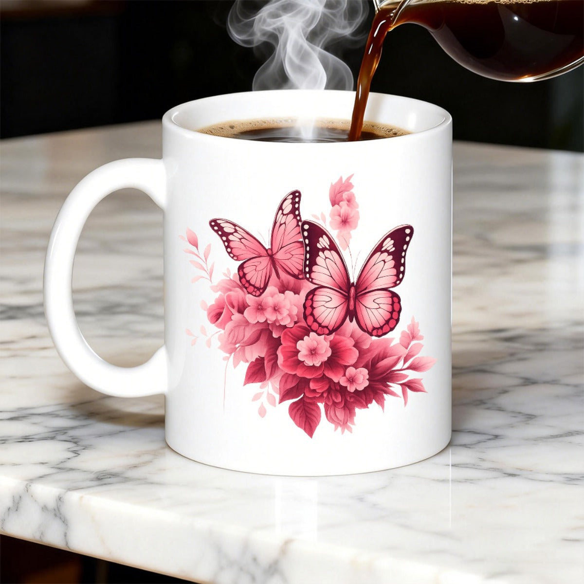 Tailorly White Ceramic 11 oz Mug - Two Elegant Pink Butterflies Resting On Vibrant Blossoming Floral Garden Petals Butterfly