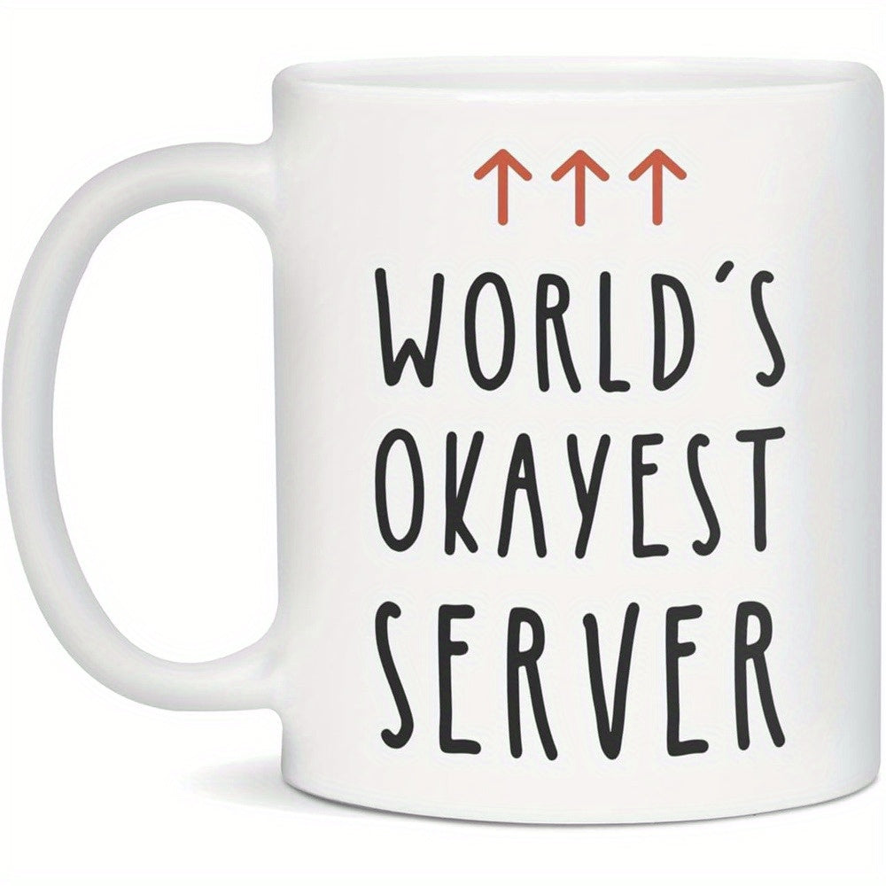 Tailorly White Ceramic 11 oz Mug - World's Okayest Server Three Minimalist Red Arrows Pointing Upwards Above Simple Black Text Mug