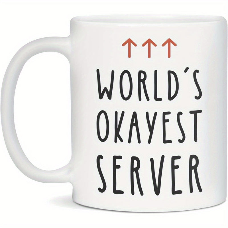 Tailorly White Ceramic 11 oz Mug - World's Okayest Server Three Minimalist Red Arrows Pointing Upwards Above Simple Black Text Mug