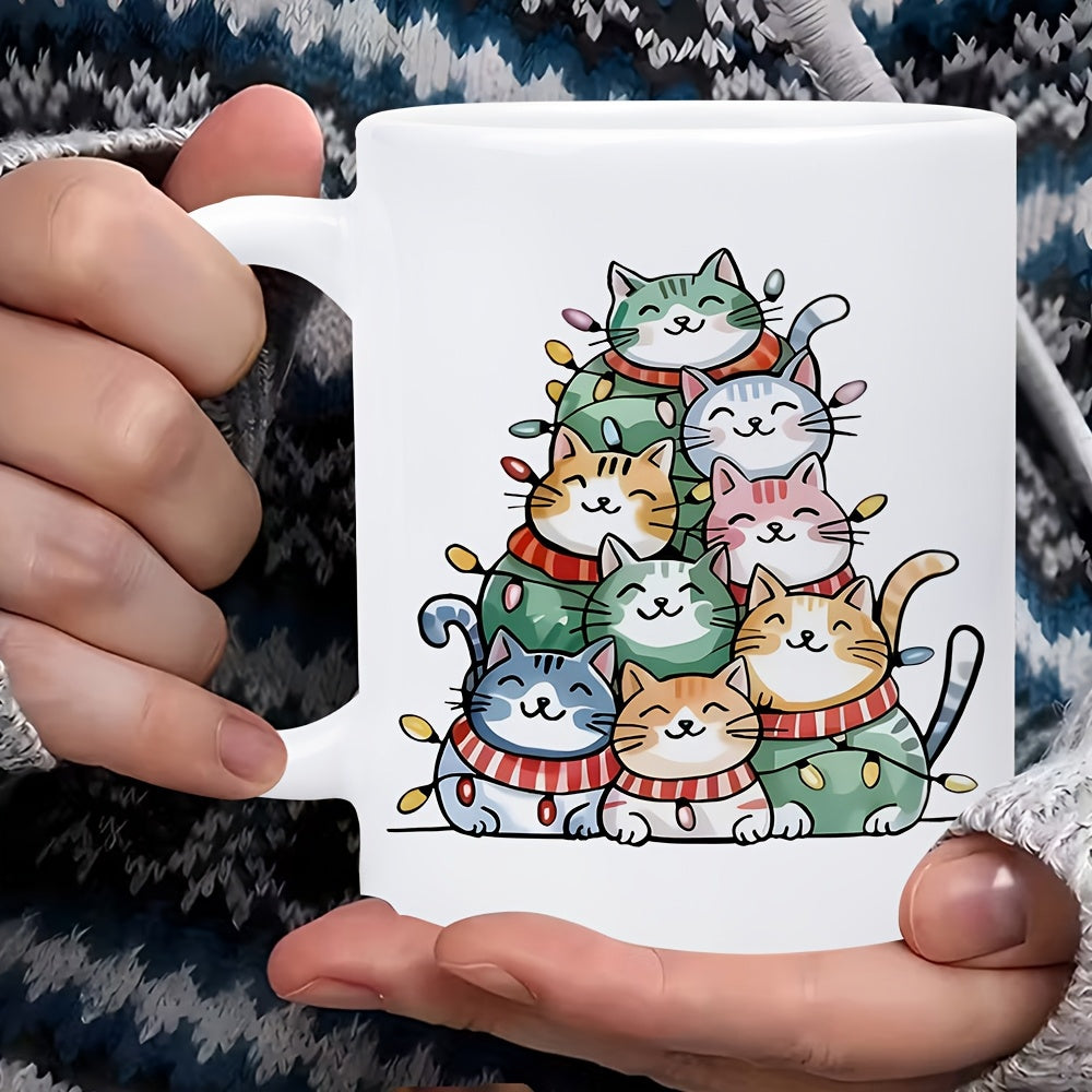 Tailorly White Ceramic 11 oz Mug - Adorable Cartoon Kittens Wrapped In Festive Glowing Christmas String Lights Cats