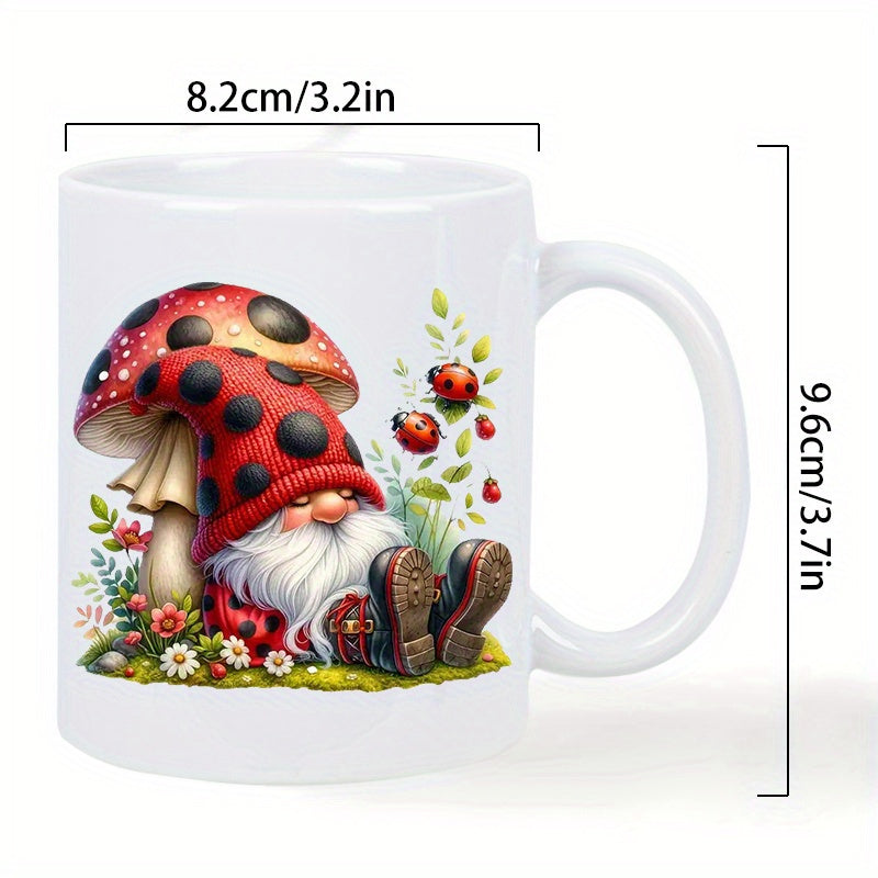 Tailorly White Ceramic 11 oz Mug - Charming Garden Scene With Miniature Ladybugs And A Red Spotted Mushroom Gnome