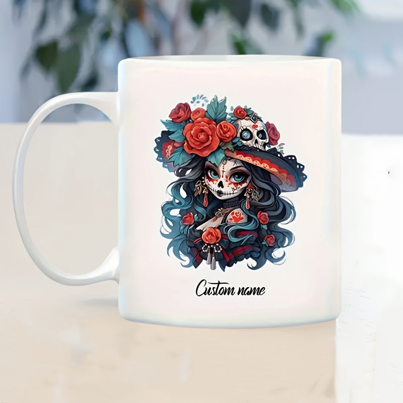 Tailorly White Ceramic 11 oz Mug - Custom Name Sugar Skull Face Art With Vibrant Red Roses And Elegant Hat Lady