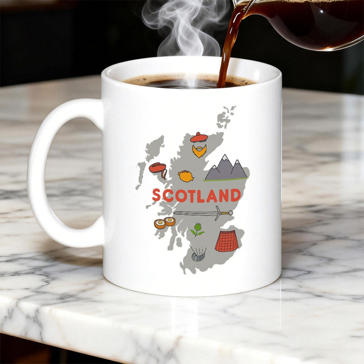 Tailorly White Ceramic 11 oz Mug - Scotland Traditional Cultural Icons Arranged Inside A Distinctive Silhouette Map