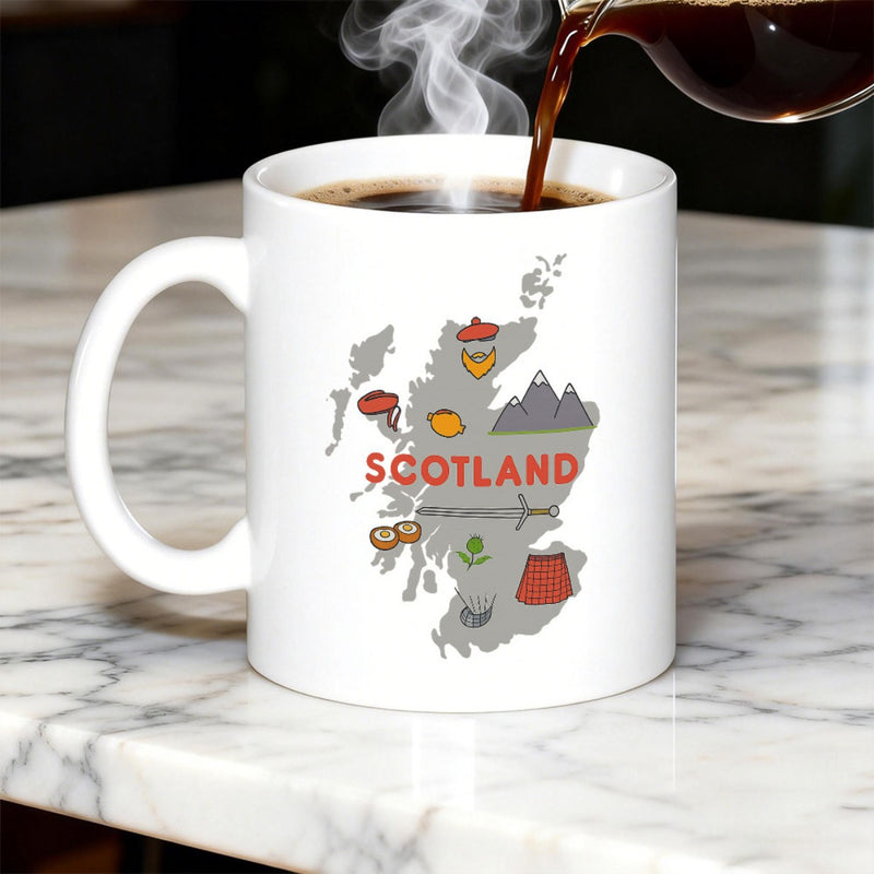 Tailorly White Ceramic 11 oz Mug - Scotland Traditional Cultural Icons Arranged Inside A Distinctive Silhouette Map