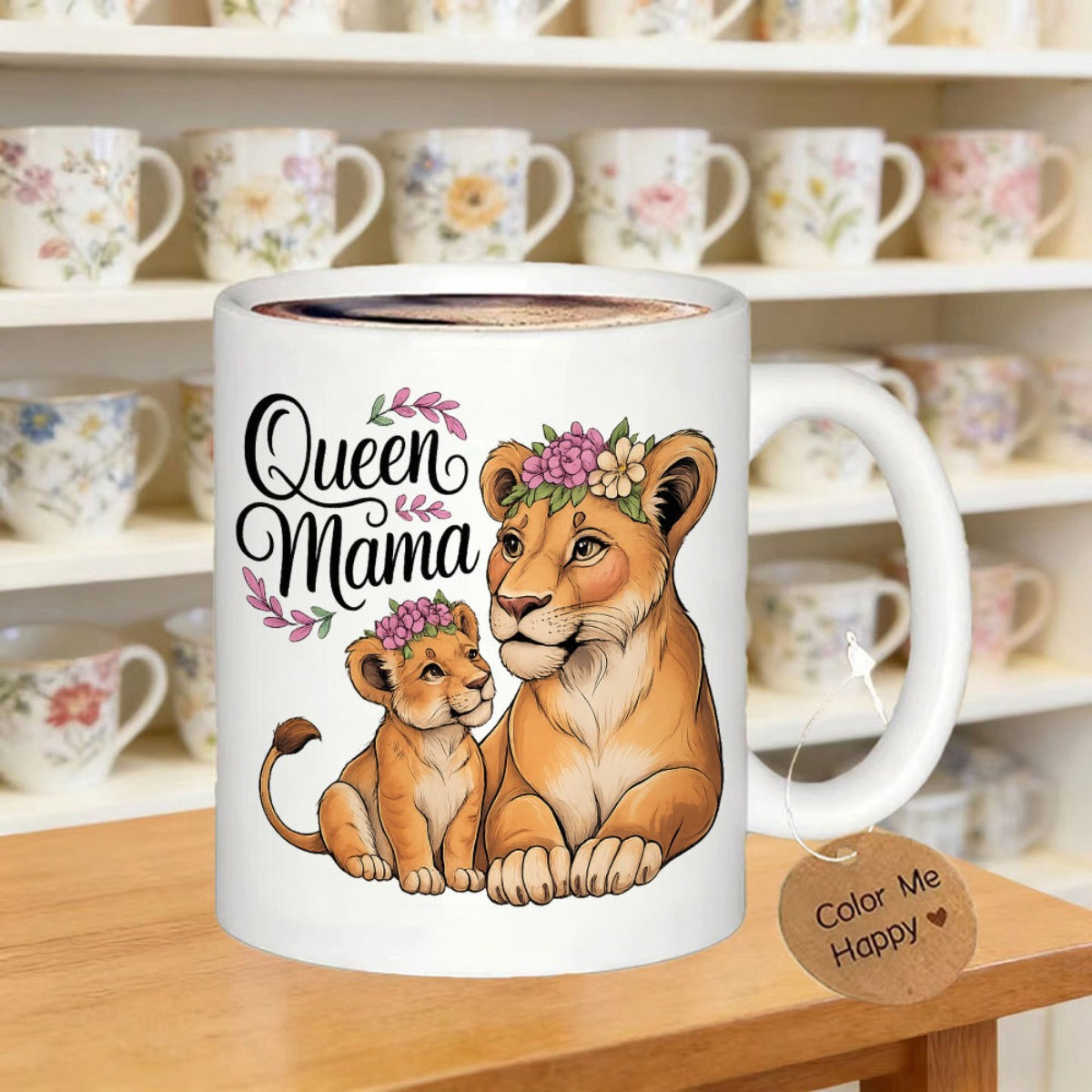 Tailorly White Ceramic 11 oz Mug - Queen Mama Majestic Lioness Protecting Cub Wearing Colorful Floral Crown Lioness