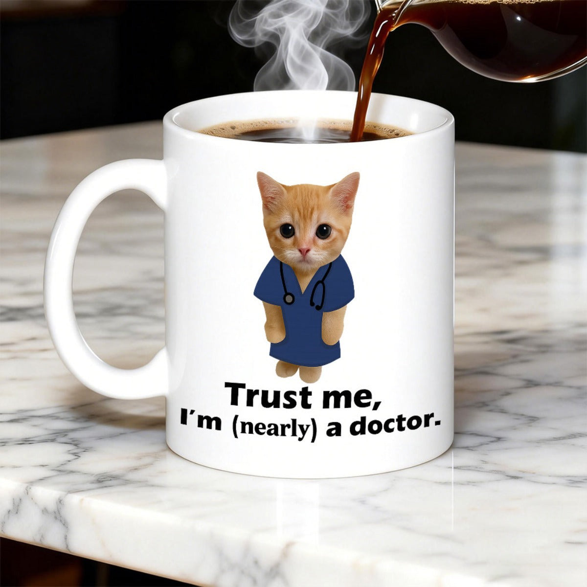 Tailorly White Ceramic 11 oz Mug - Trust Me I m Nearly A Doctor Adorable Ginger Kitten Wearing Professional Blue Scrubs With A Stethoscope Kitten