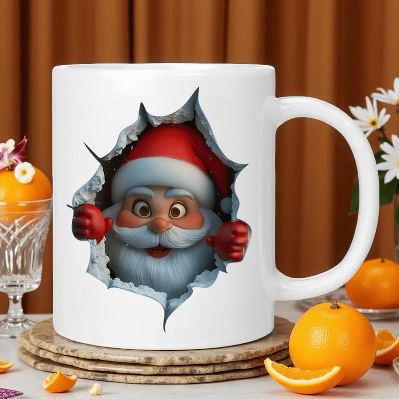 Tailorly White Ceramic 11 oz Mug - Cheerful 3D Festive Figure Peering Through A Torn Paper Effect Santa Claus
