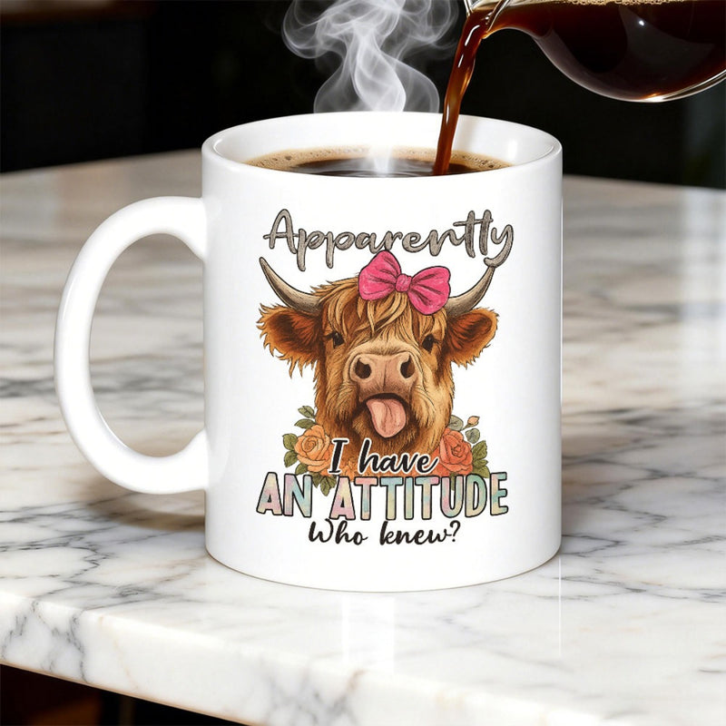 Tailorly White Ceramic 11 oz Mug - Apparently I Have AN ATTITUDE Who Knew Furry Scottish Highland Creature Wearing Pink Bow Among Floral Accents Cow