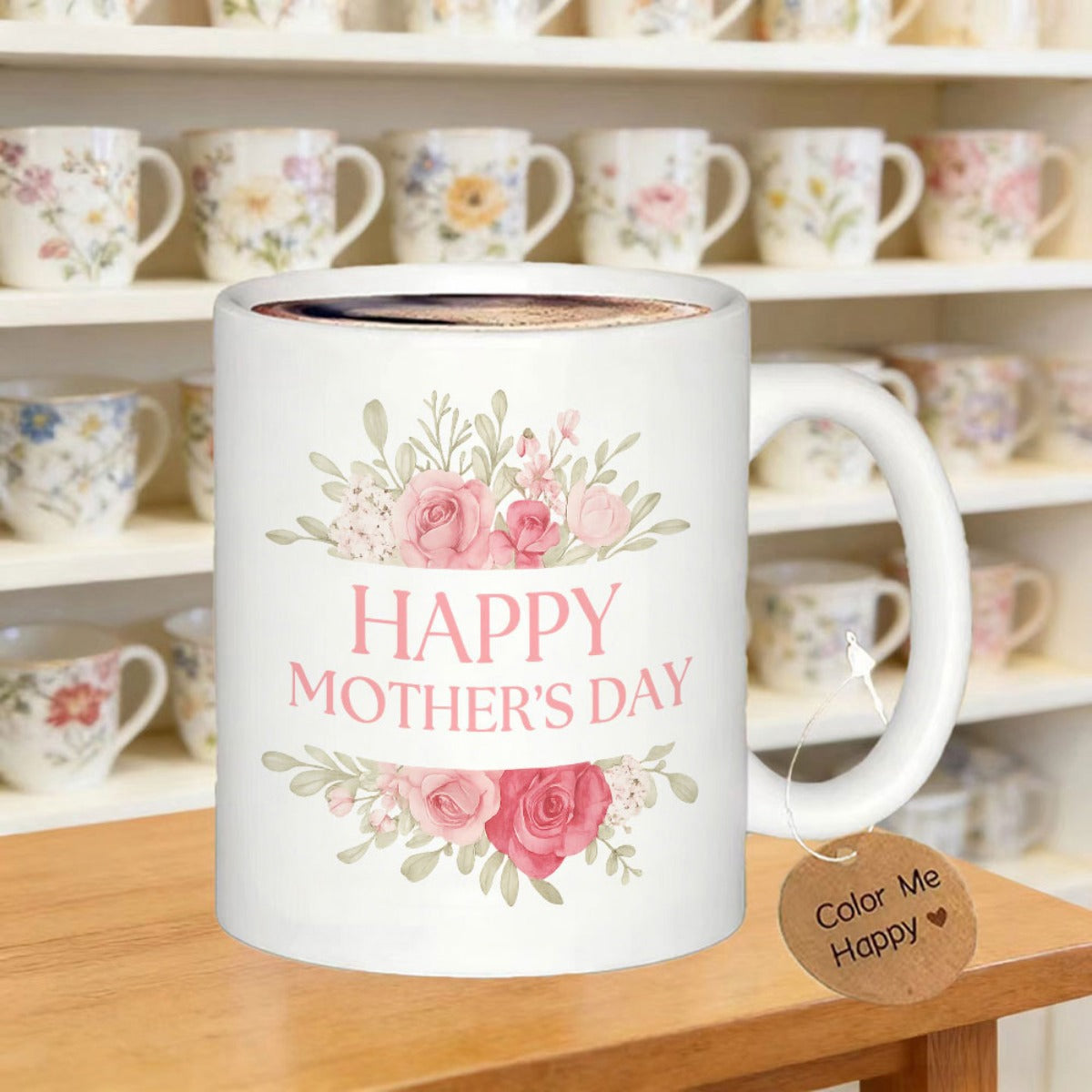 Tailorly White Ceramic 11 oz Mug - Happy Mothers Day Delicate Watercolor Pink Roses With Soft Green Leaves And Elegant Foliage Flower