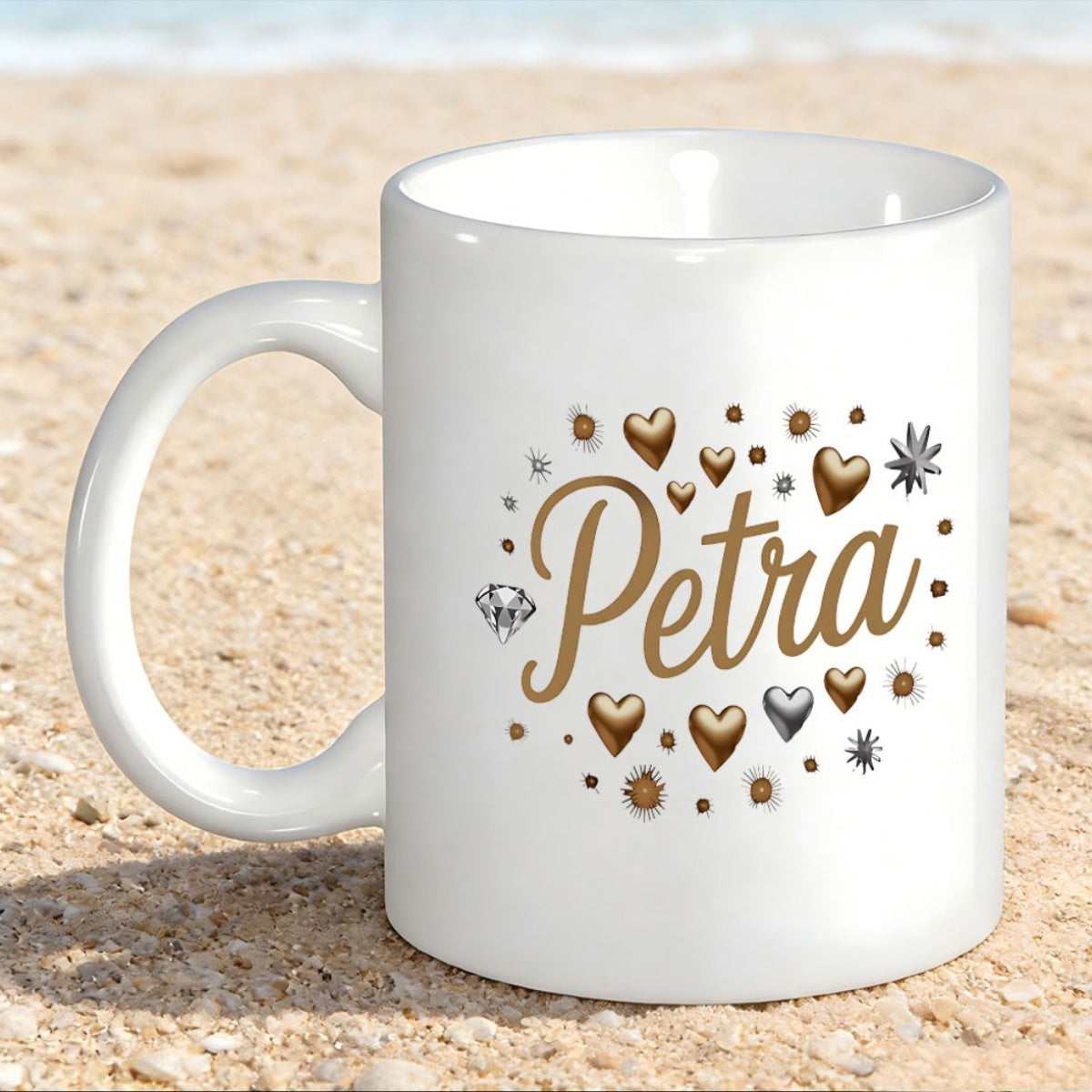 Tailorly White Ceramic 11 oz Mug - Petra Elegant Golden Hearts With Sparkling Stars And Silver Diamond Accents Heart