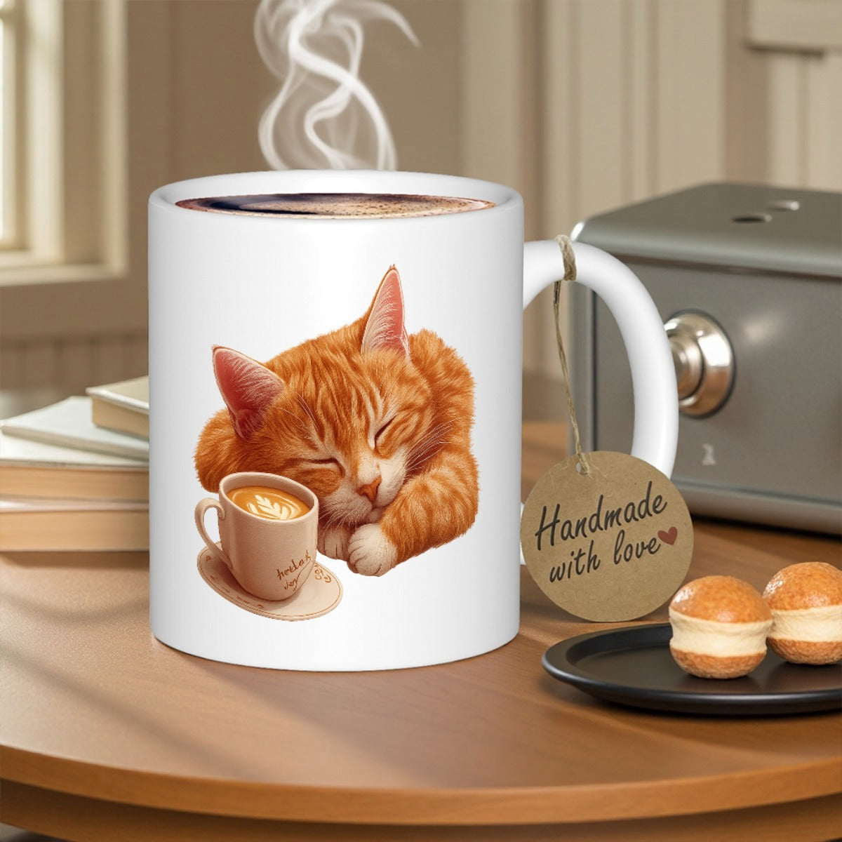 Tailorly White Ceramic 11 oz Mug - Handmade With Love Peaceful Ginger Tabby Sleeping Beside A Warm Steaming Coffee Cup Cat