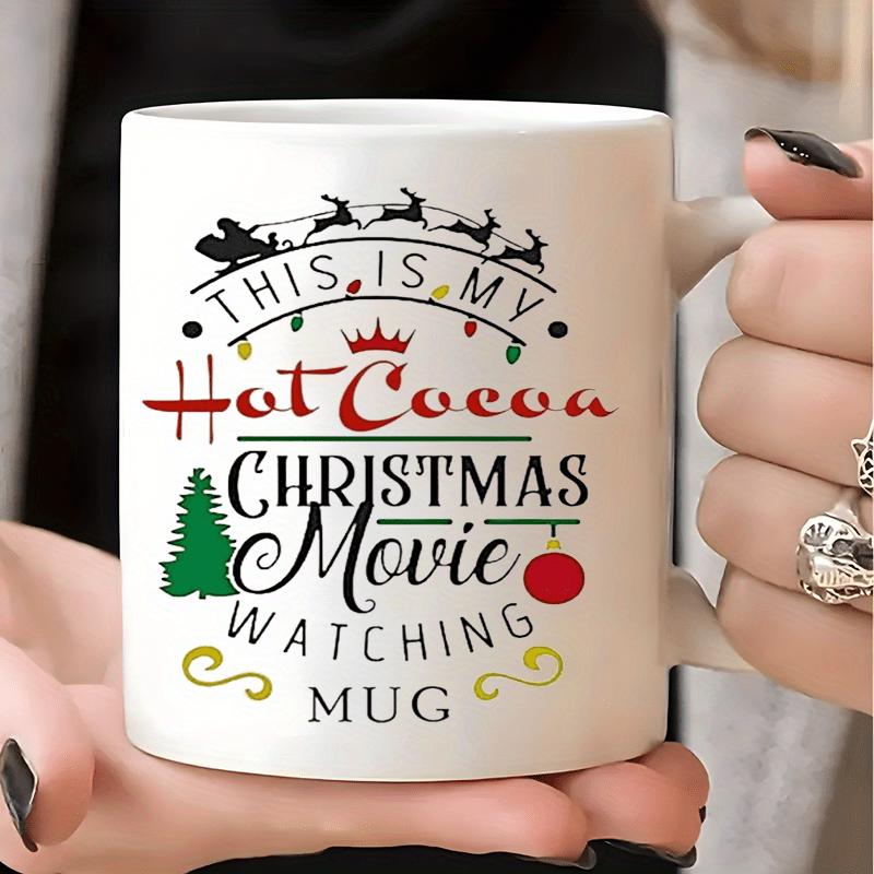 Tailorly White Ceramic 11 oz Mug - This Is My Hot Cocoa Christmas Movie Watching Mug Reindeer Flying Over Pine Tree And Red Christmas Ornament Mug