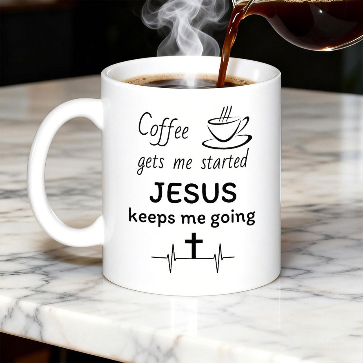 Tailorly White Ceramic 11 oz Mug - Coffee Gets Me Started Jesus Keeps Me Going Minimalist Heartbeat Line With Christian Cross Under Steaming Coffee Cup Mug