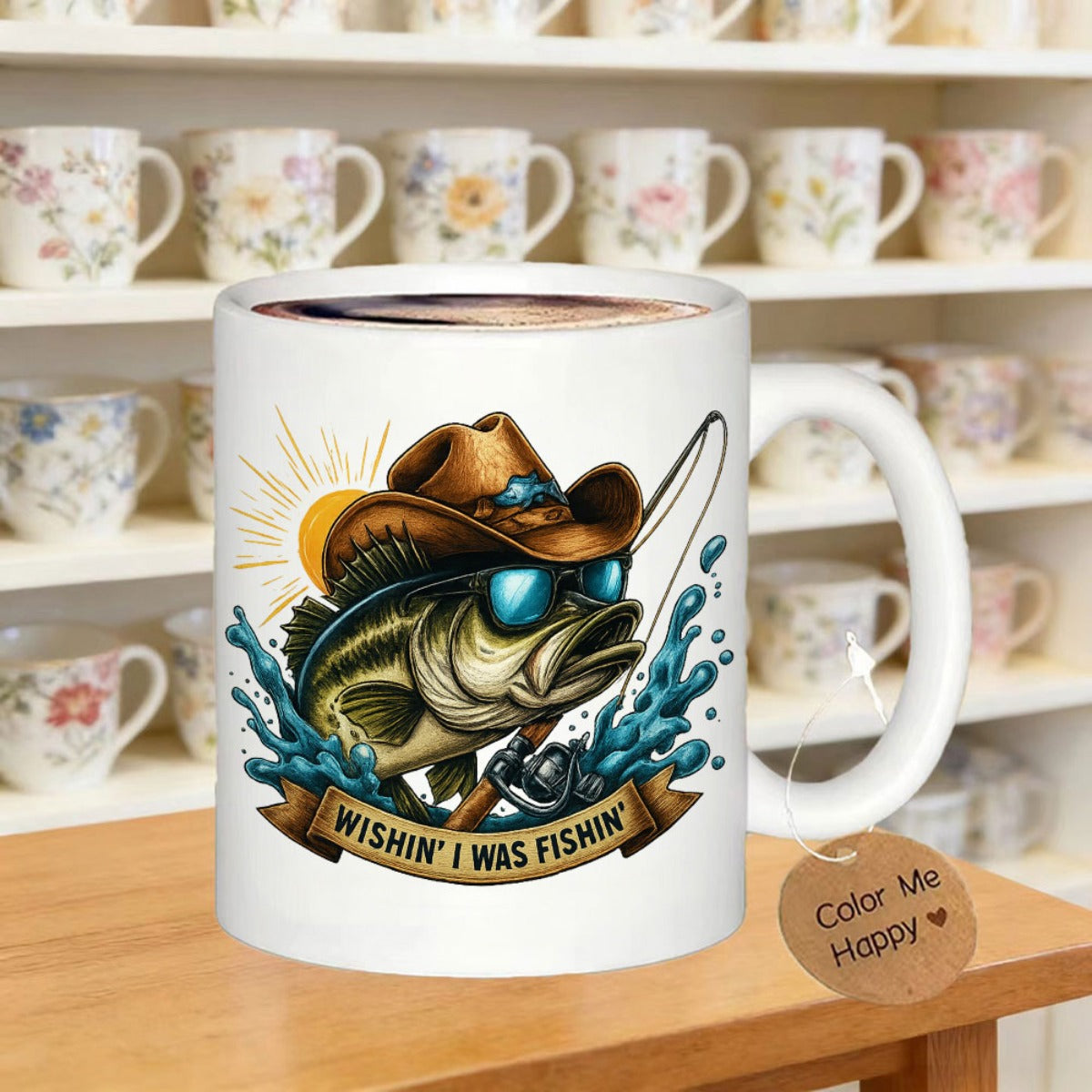 Tailorly White Ceramic 11 oz Mug - Wishin I Was Fishin Cool Bass Wearing Cowboy Hat Jumping From Splashing Water Bass