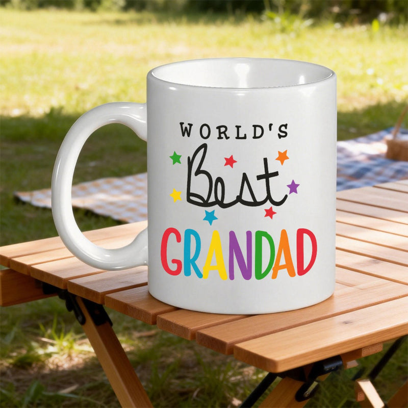 Tailorly White Ceramic 11 oz Mug - Worlds Best Grandad Vibrant Colorful Stars Surrounding Playful Bold Text On Clean