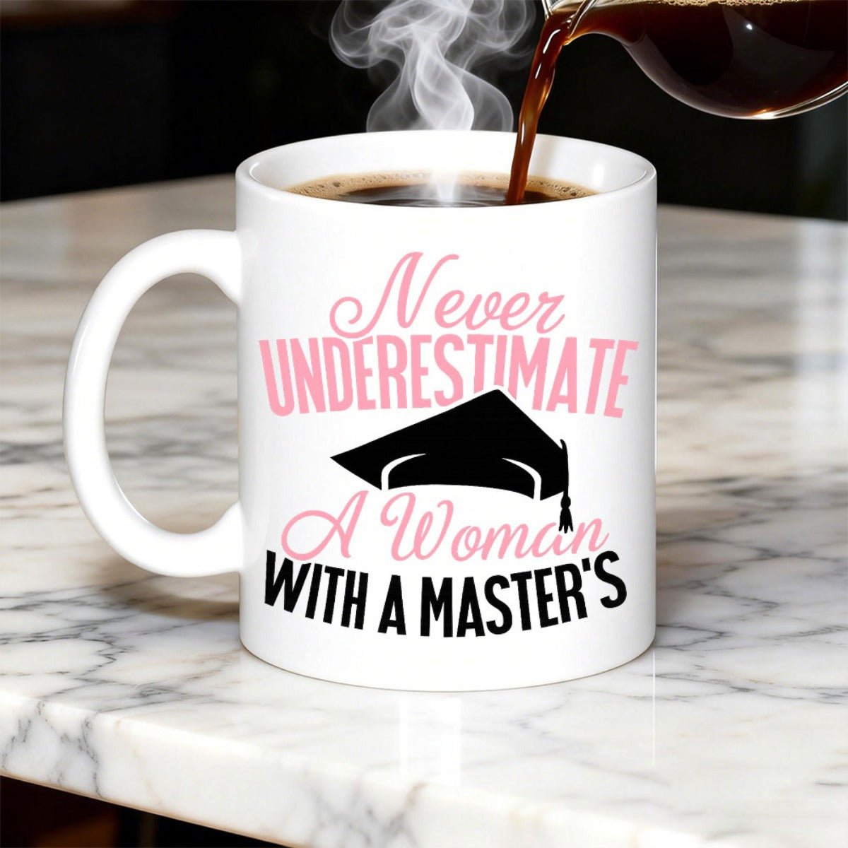 Tailorly White Ceramic 11 oz Mug - Never Underestimate A Woman With A Master's Elegant Minimalist Black Silhouette Of A Formal Graduation Scholastic Cap