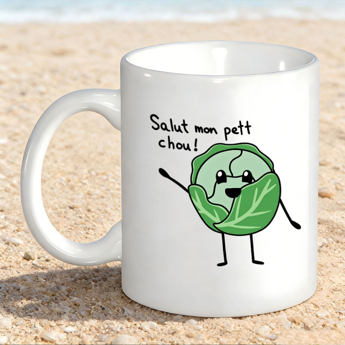Tailorly White Ceramic 11 oz Mug - Smiling Green Cartoon Vegetable Character With Small Stick Arms And Legs Cabbage