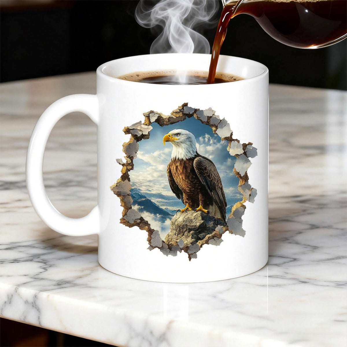 Tailorly White Ceramic 11 oz Mug - Majestic Bird Perched On A High Crag Overlooking Soft White Clouds Eagle