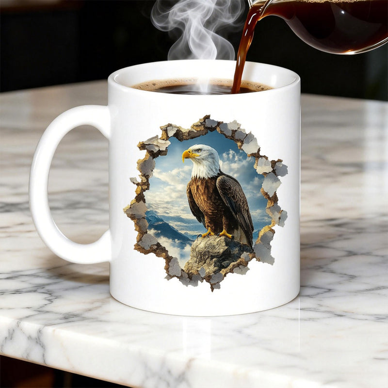 Tailorly White Ceramic 11 oz Mug - Majestic Bird Perched On A High Crag Overlooking Soft White Clouds Eagle