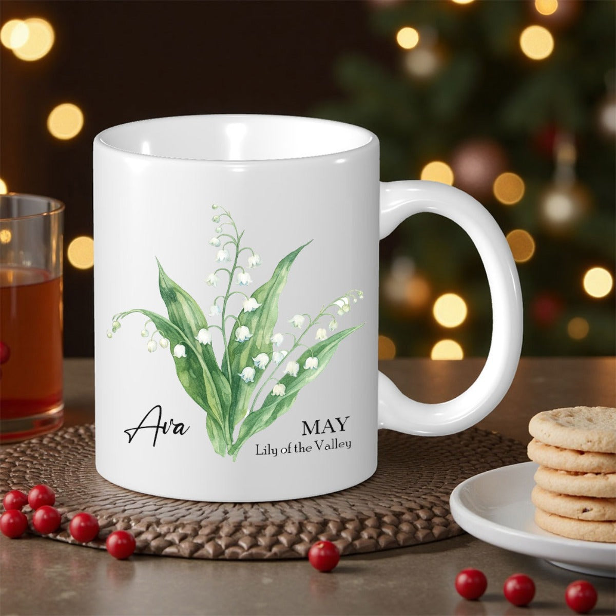 Tailorly White Ceramic 11 oz Mug - Ava May Lily Of The Valley Delicate Watercolor Green Leaves Blooming From Graceful Stem Flower