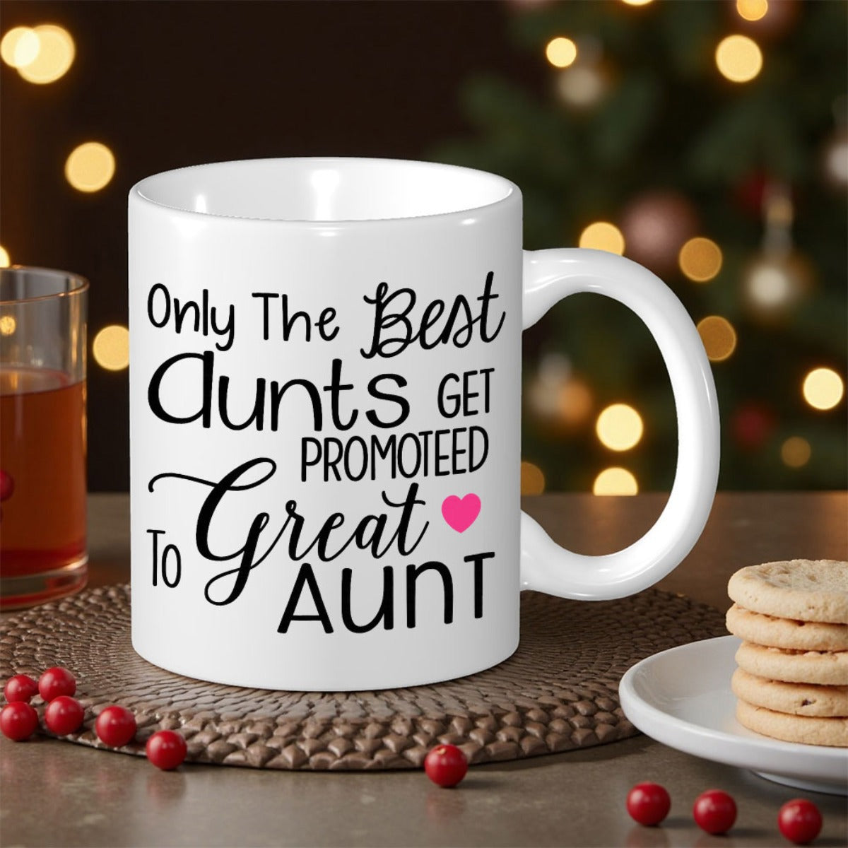 Tailorly White Ceramic 11 oz Mug - Only The Best Aunts Get Promoted To Great Aunt Elegant Ceramic Surface Featuring A Small Vibrant Pink Heart