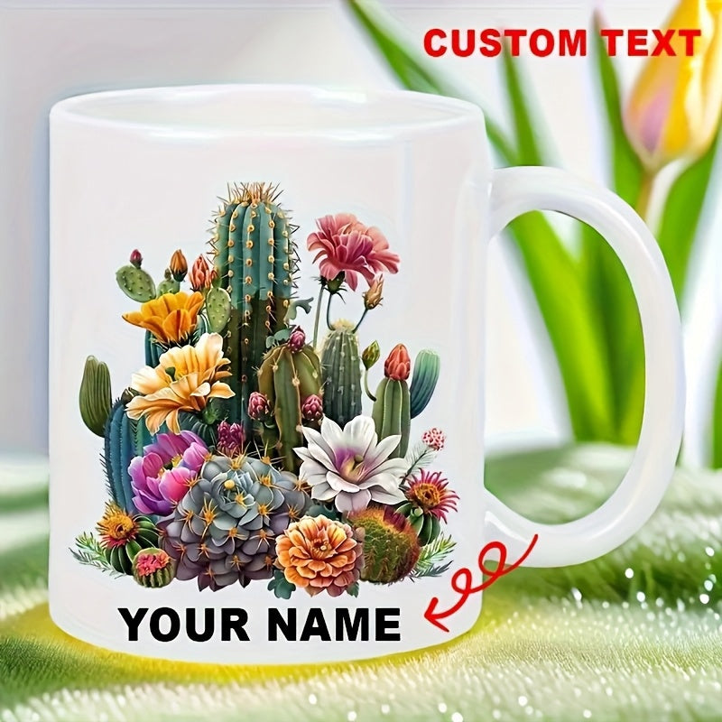 Tailorly White Ceramic 11 oz Mug - Your Name Custom Text Vibrant Desert Garden With Blooming Succulents And Majestic Saguaro Cactus