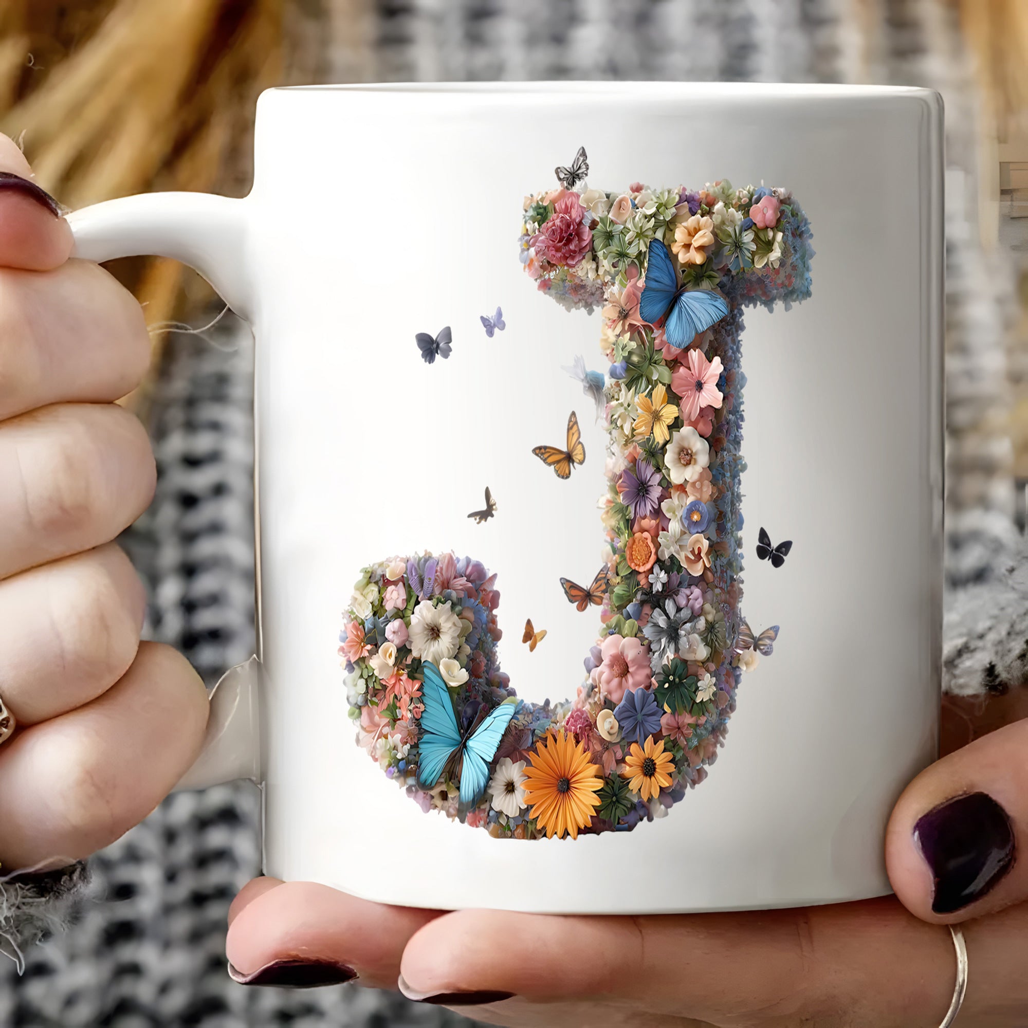 Tailorly White Ceramic 11 oz Mug - Vibrant Floral Arrangement Featuring Colorful Petals And Elegant Fluttering Butterflies Letter J