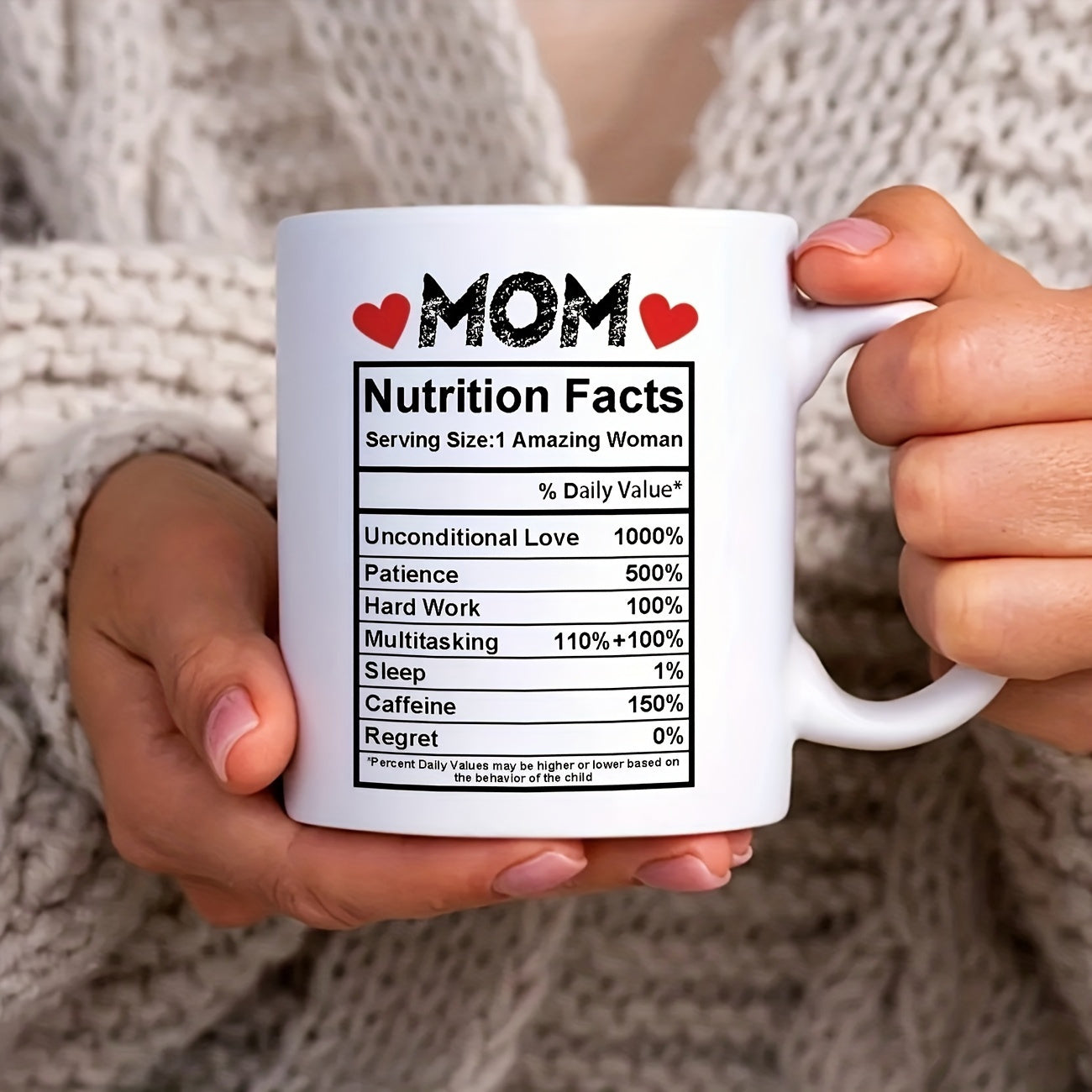 Tailorly White Ceramic 11 oz Mug - Mom Nutrition Facts Serving Size 1 Amazing Woman Minimalist White Ceramic Featuring Red Hearts And Label Style Mug