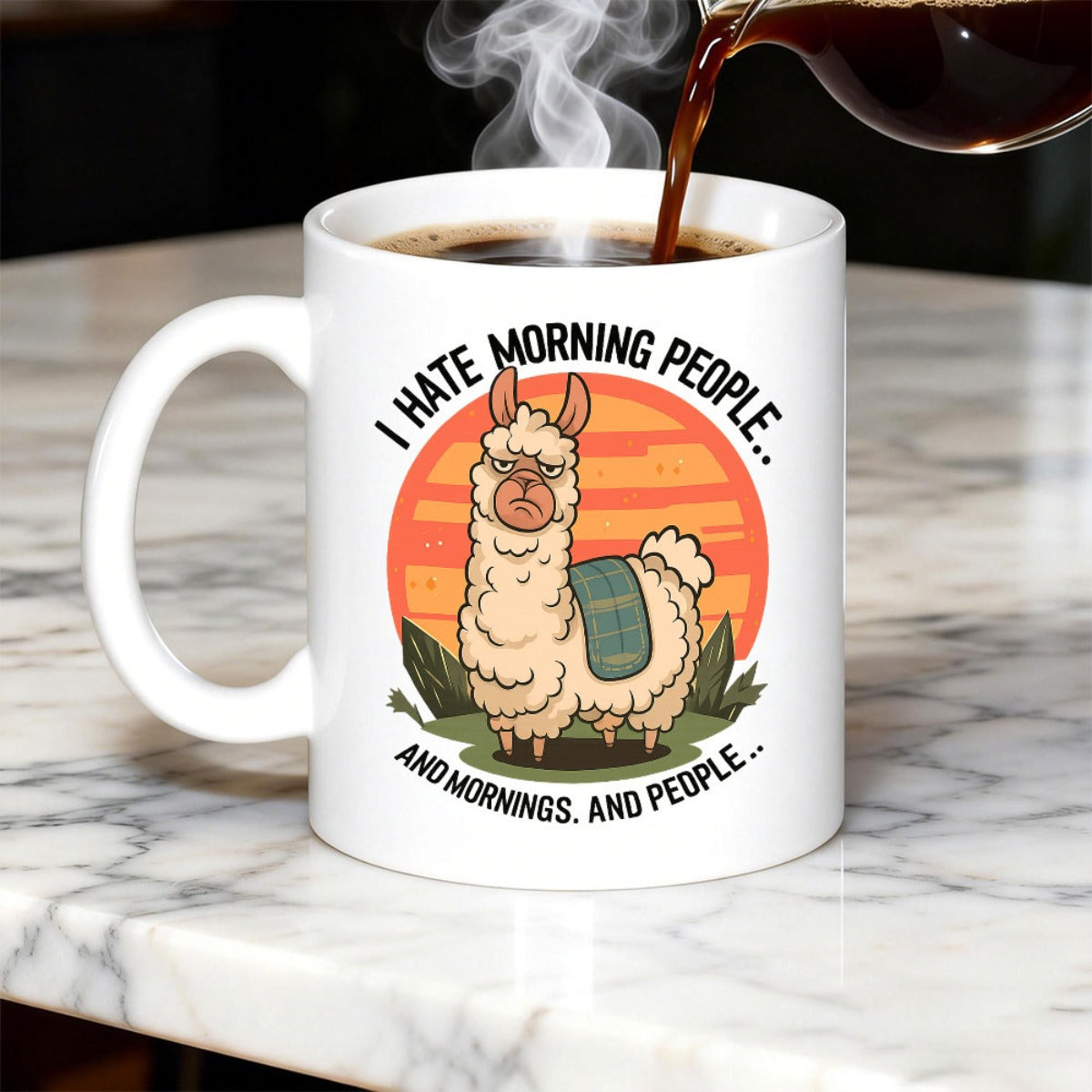 Tailorly White Ceramic 11 oz Mug - I Hate Morning People And Mornings And People Grumpy Woolly Llama Standing Before Vibrant Retro Sunset With Green Foliage Llama