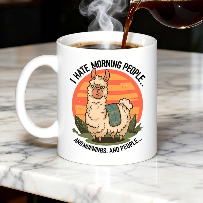 Tailorly White Ceramic 11 oz Mug - I Hate Morning People And Mornings And People Grumpy Woolly Llama Standing Before Vibrant Retro Sunset With Green Foliage Llama