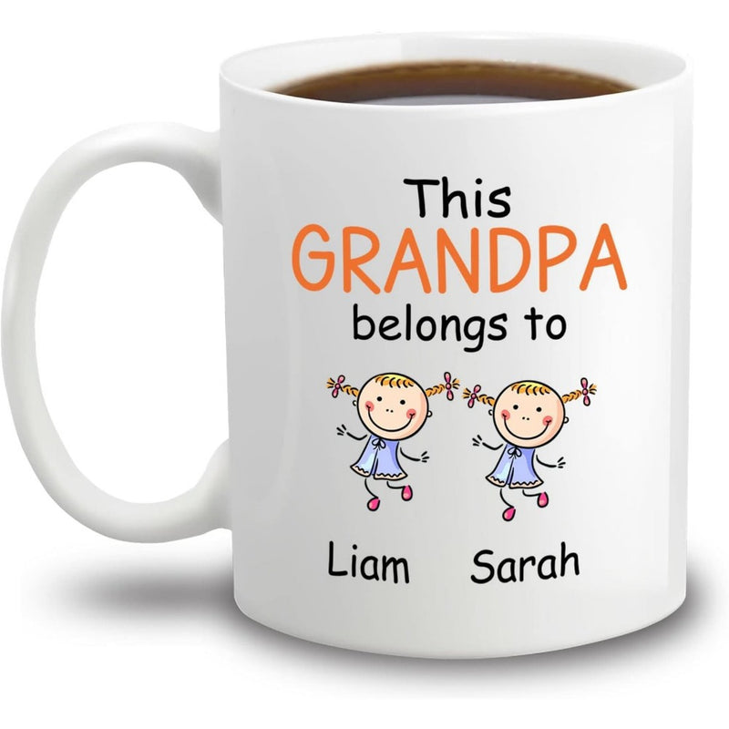 Tailorly White Ceramic 11 oz Mug - This Grandpa Belongs To Liam Sarah Two Happy Dancing Girls Surrounded By Cheerful Family Names Mug