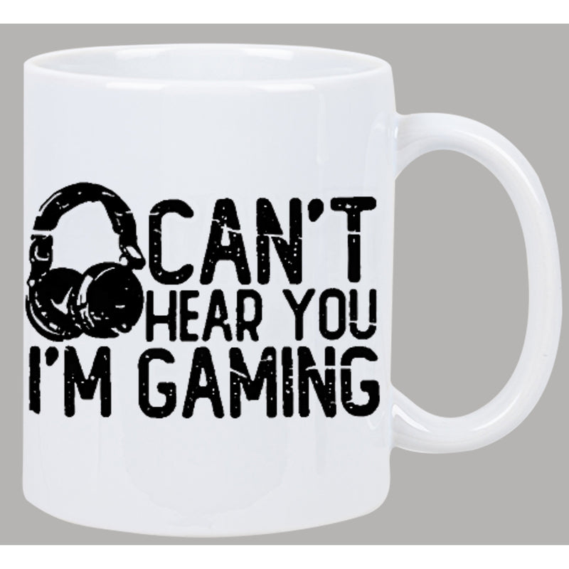 Tailorly White Ceramic 11 oz Mug - Can't Hear You I'm Gaming Distressed Bold Black Textured Graphic Featuring Over Ear Modern Style Headphones