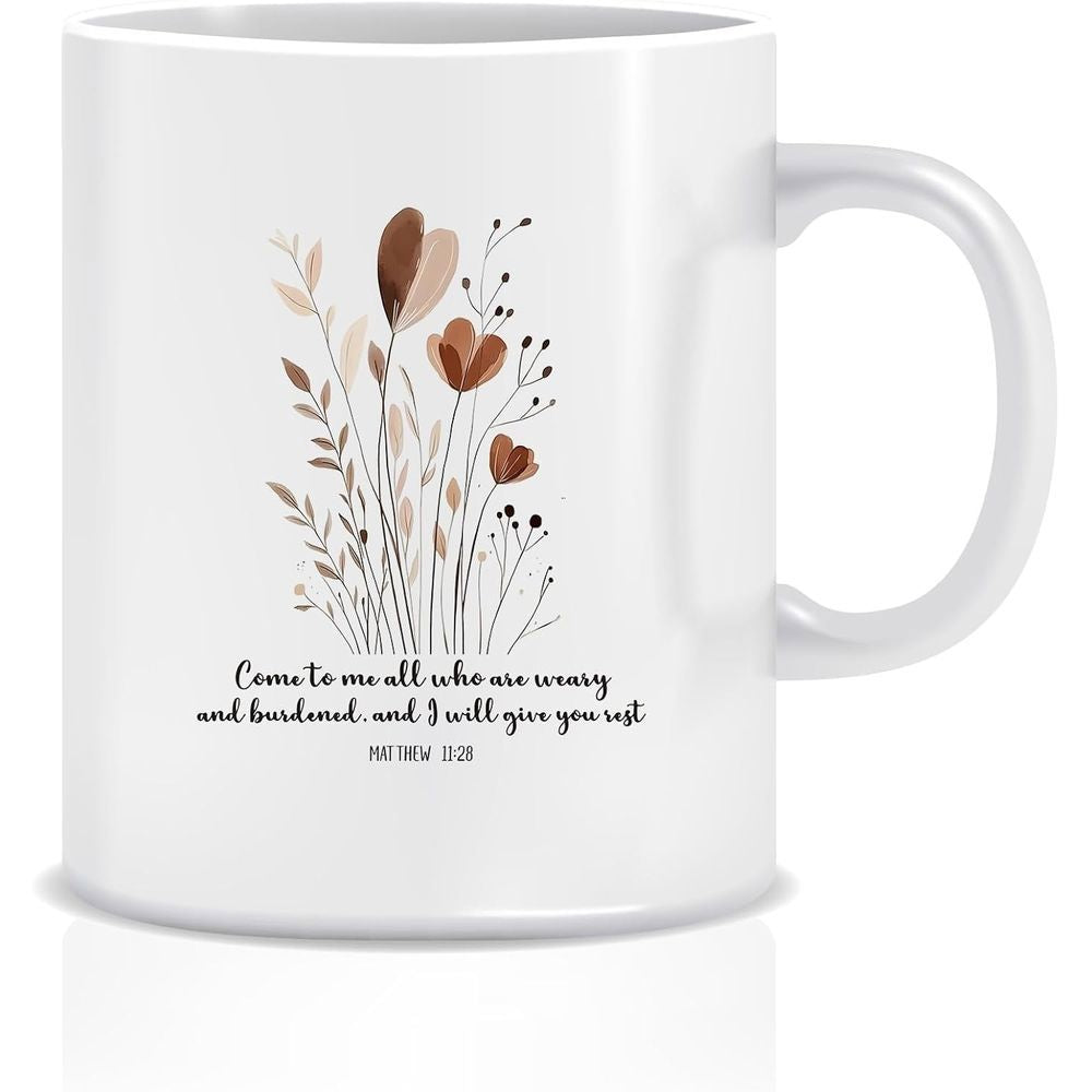 Tailorly White Ceramic 11 oz Mug - Come To Me All Who Are Weary And Burdened And I Will Give You Rest Matthew 11 28 Minimalist Brown Earth Tones Delicate Botanical