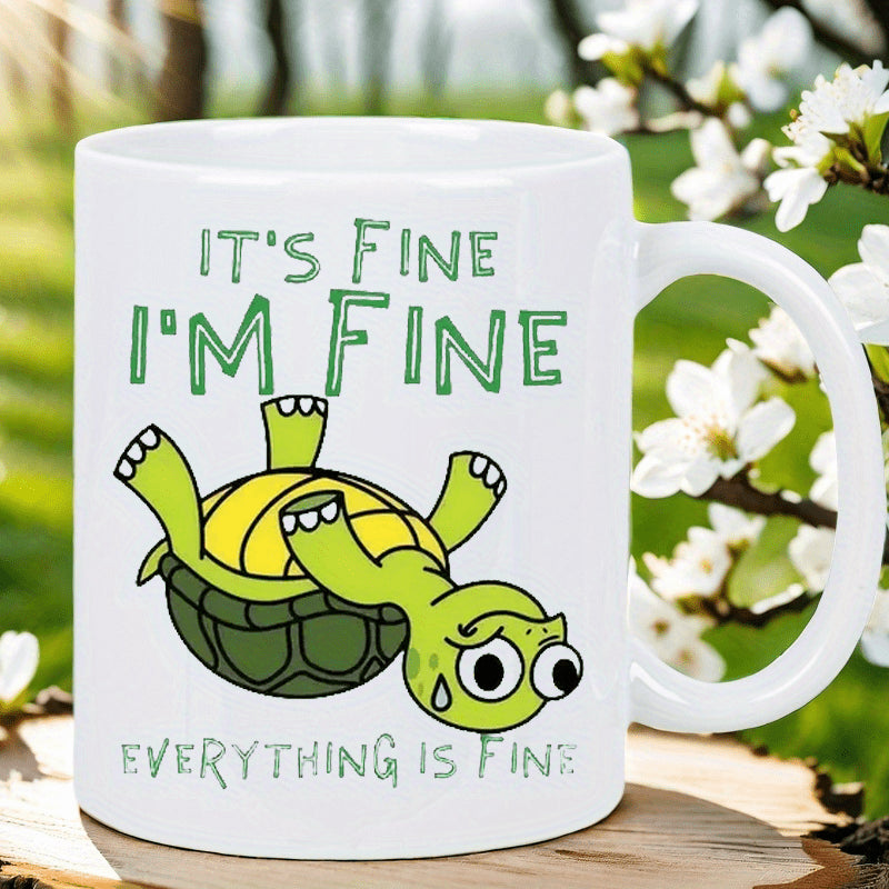 Tailorly White Ceramic 11 oz Mug - Its Fine Im Fine Everything Is Fine Upside Down Cute Cartoon Turtle Struggling On Its Shell With Panicked Expression Turtle