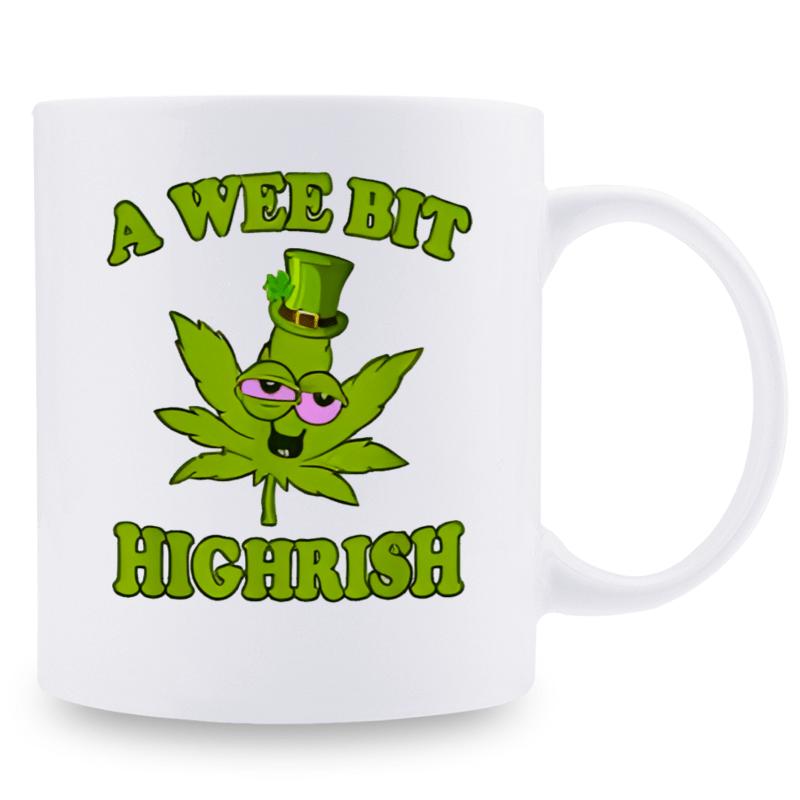 Tailorly White Ceramic 11 oz Mug - A Wee Bit Highrish Cartoon Marijuana Wearing Green Hat With Smiling Face And Red Eyes Leaf