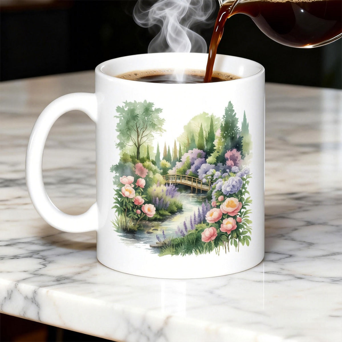 Tailorly White Ceramic 11 oz Mug - Peaceful Watercolor Landscape With A Stream Flowing Through A Blooming Floral Garden