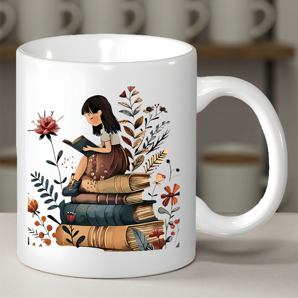 Tailorly White Ceramic 11 oz Mug - Whimsical Young Reader Sitting On Sturdy Books Among Blooming Wildflowers Girl